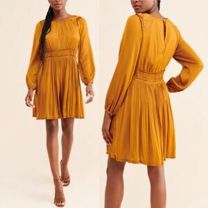 Anthropologie Maeve Saniya Pleated Mustard Gold Satin Long Sleeve Mini Dress XS